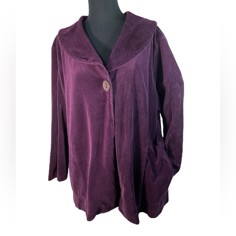 Focus velvet velour large single button swing coat pockets 3/4 sleeve plum wine